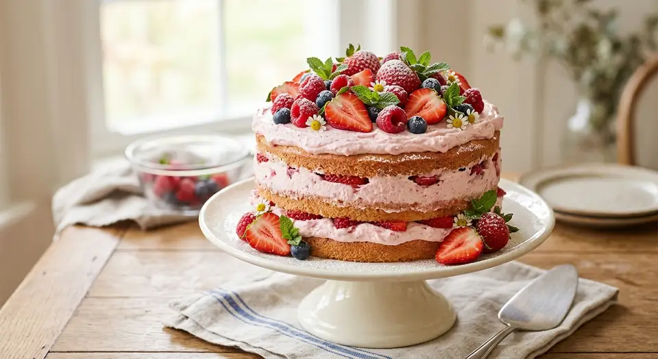 Light and airy Strawberry Fluff Cake topped with fresh berries