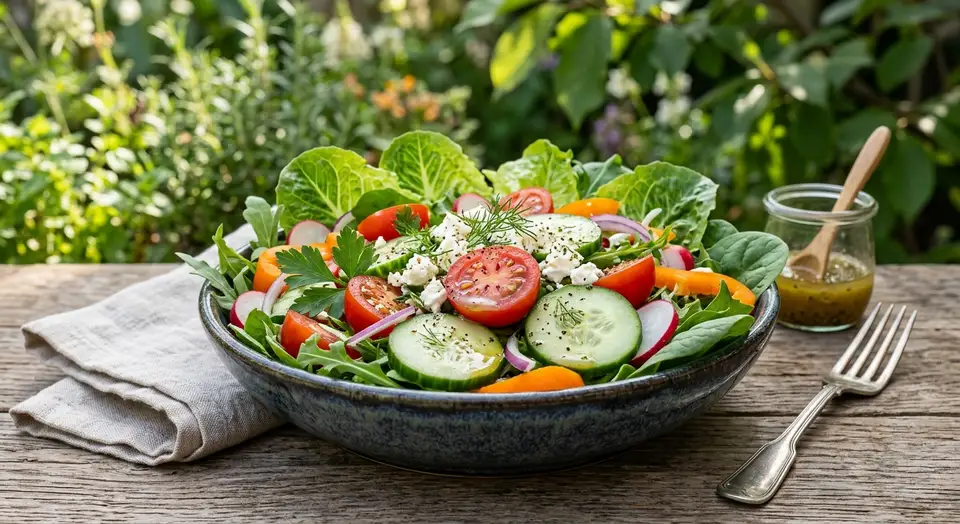 Fresh garden salad with tomatoes and cucumbers