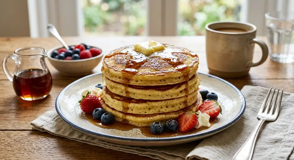 Golden fluffy pancakes stacked on a plate